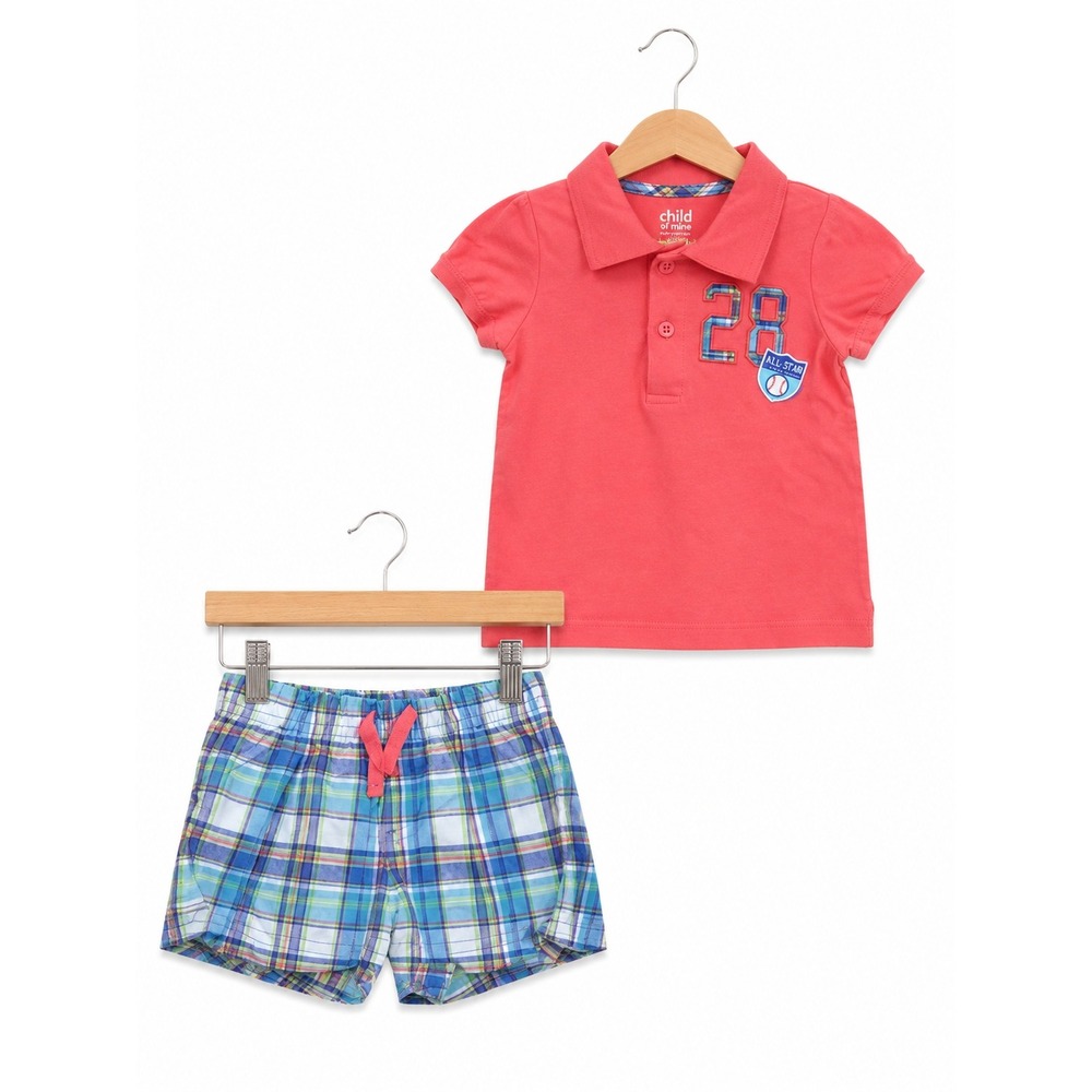 Child of Mine Boys Outfit Size 0-3 Months Orange Blue Baseball Polo Plaid Shorts